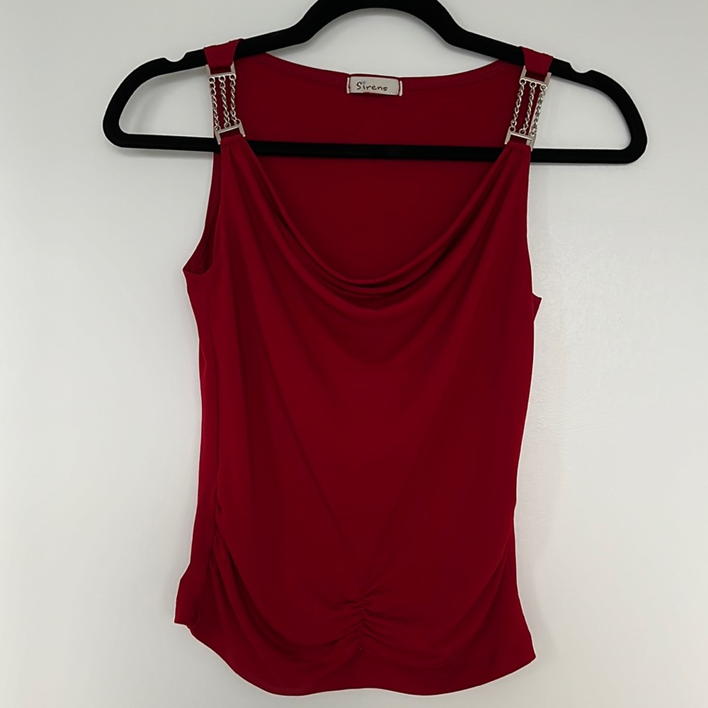 Red Draped Cowl Neck Tank w/ Silver Chain Straps – Elegant & Chic